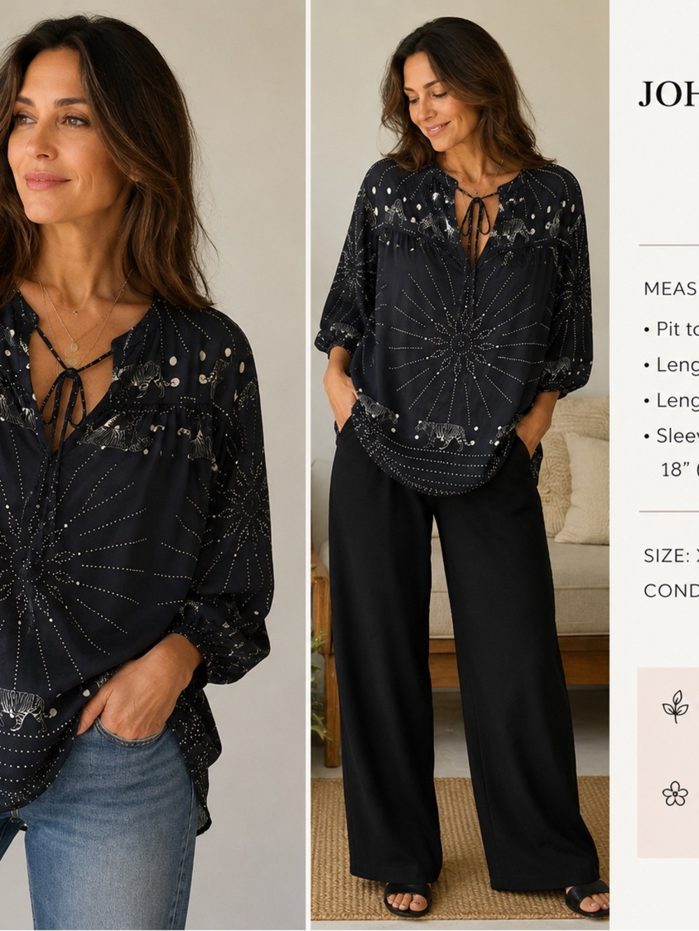 Joie Black Metallic Starburst Tie-Neck Tunic